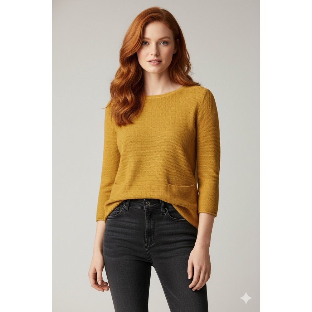 COS Mustard Yellow Textured Knit 3/4 Sleeve Crew Neck Sweater Pockets‎ XS